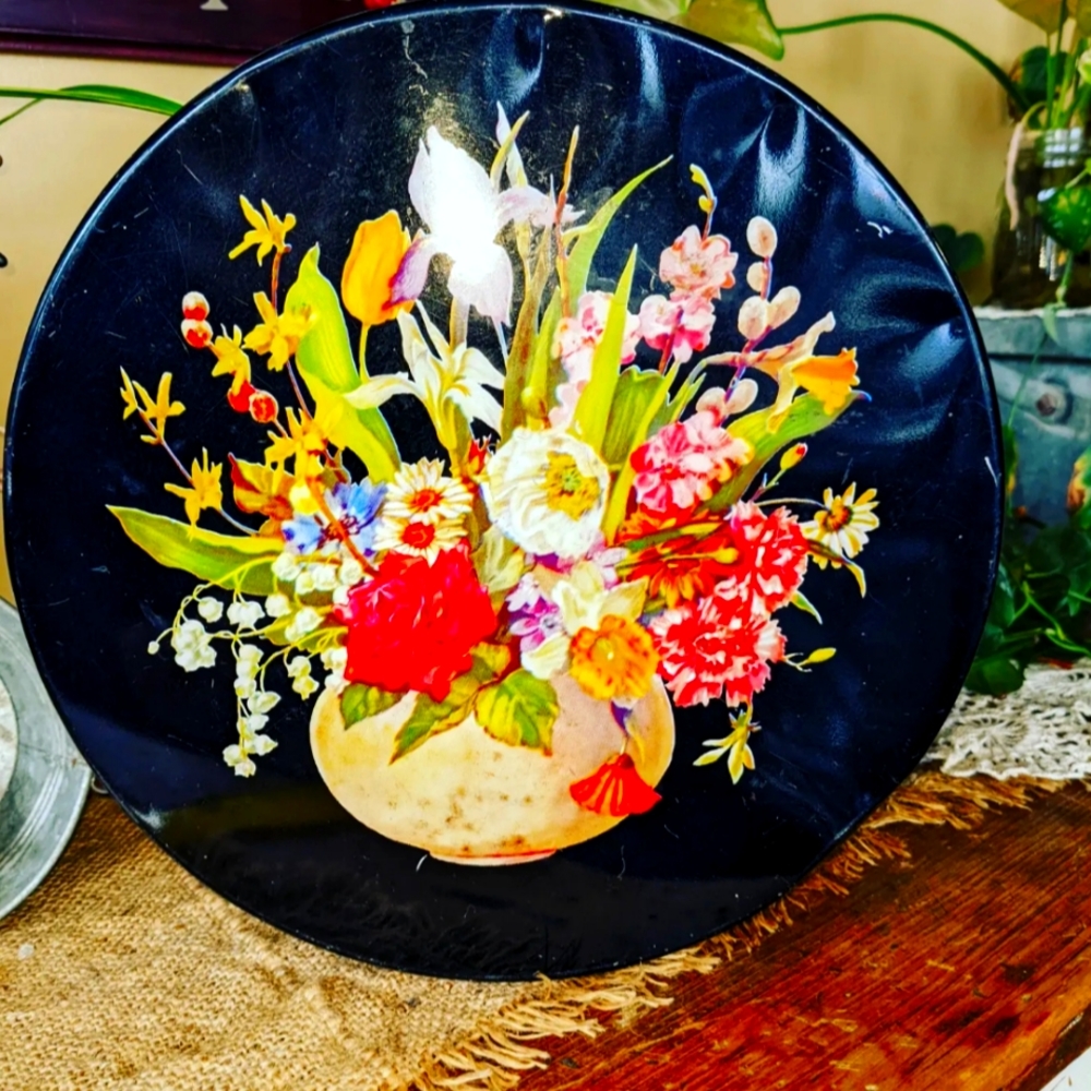 Vintage Black Floral Tin